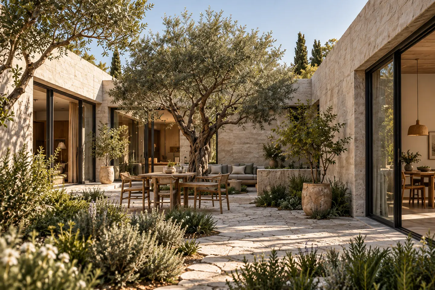 AI-generated illustrative view of a residential facade opening onto a courtyard.