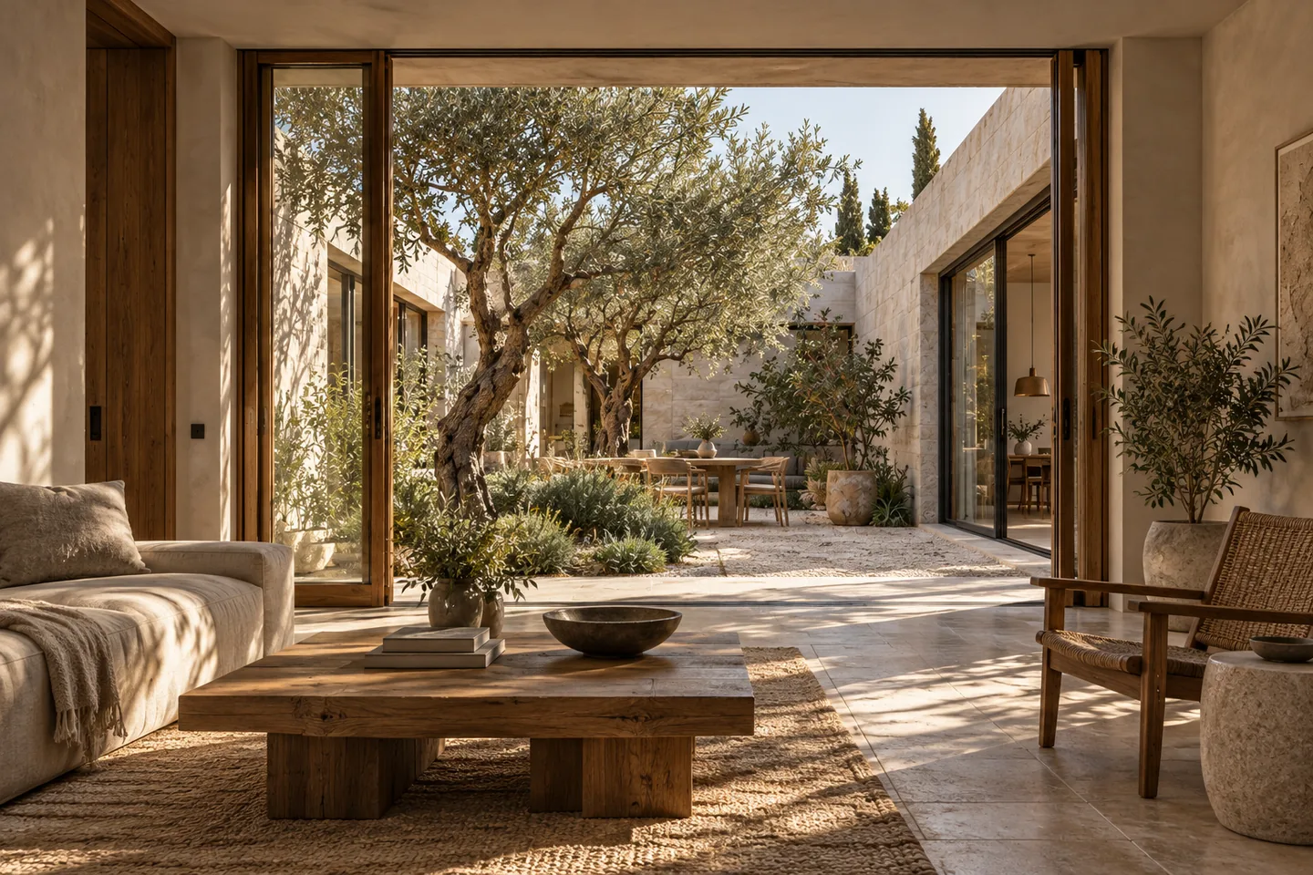 AI-generated illustrative interior opening onto a courtyard.