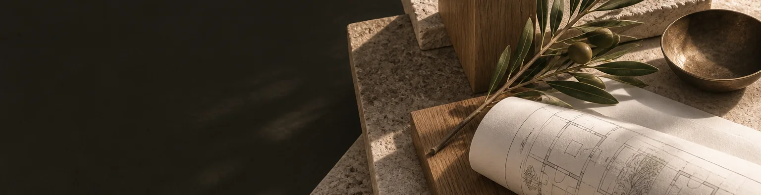 AI-generated illustrative composition of stone, timber and an architectural drawing.